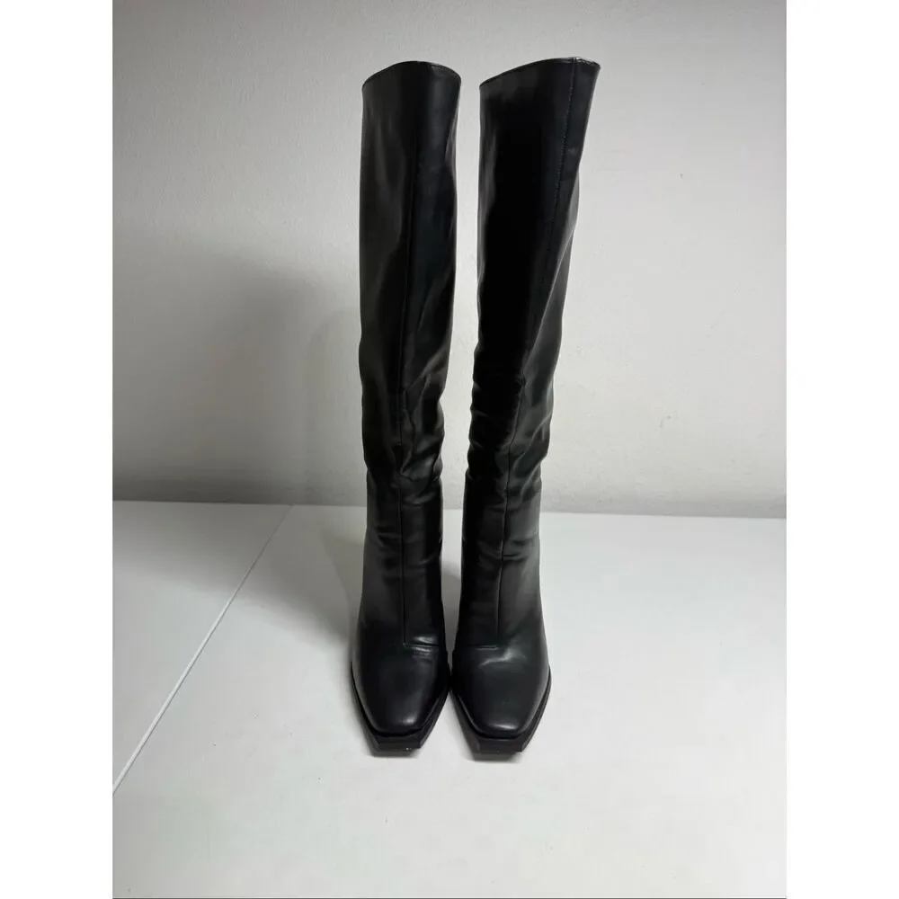 Black Faux Leather Knee High Boots Square Toe Block Heel Back Zip Sz 4